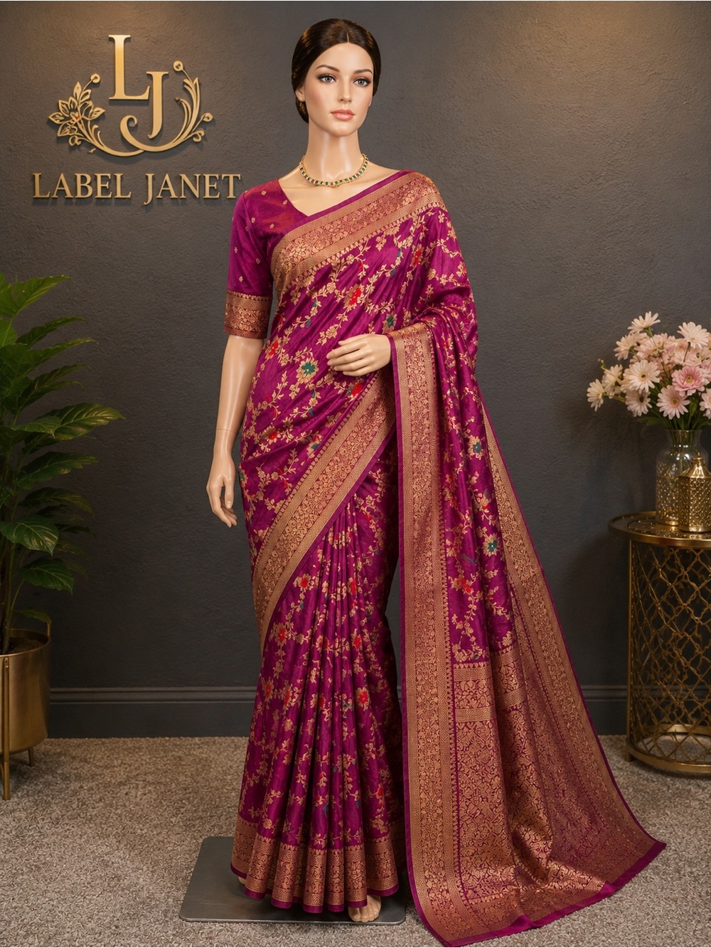 Brand new Magenta Banarasi semi silk saree with stitched blouse (34” - 42”)